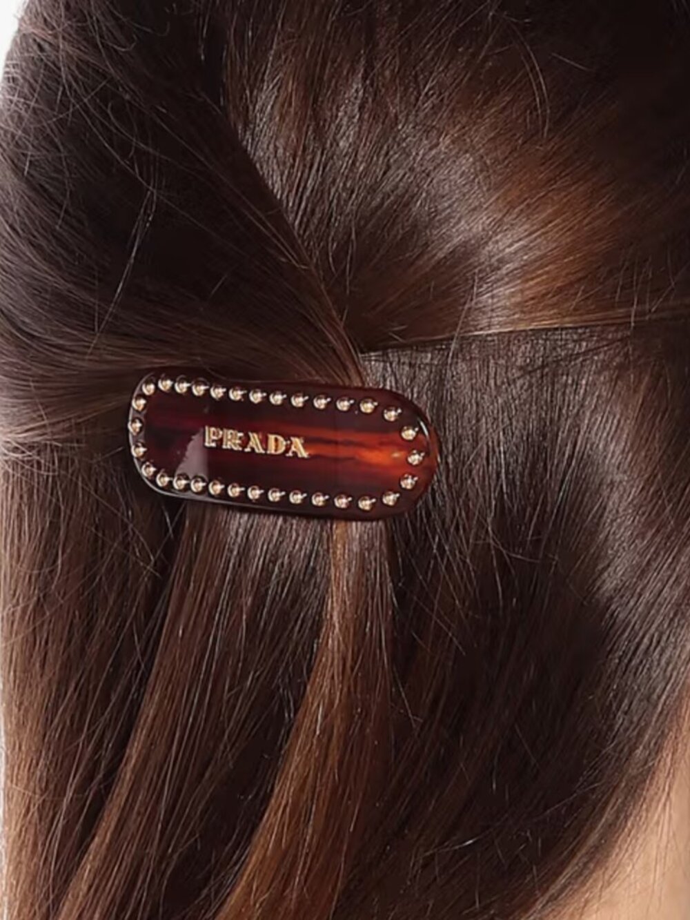 Prada Tortoiseshell Gold Logo Studded Hair Clip Barrette Made in Italy